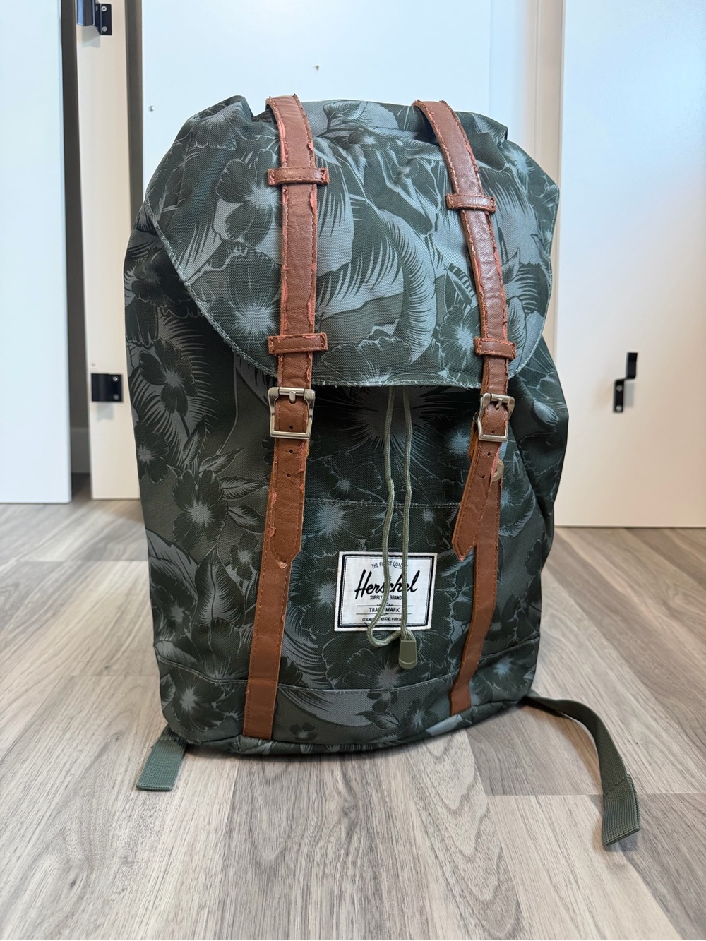 Herschel Supply Company Floral Print Backpack in Dark Green with Brown Straps